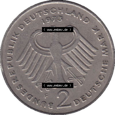 PNG 1969-1987, 2 DM, Deutsche Mark Konrad Adenauer 1973 Münzzeichen Mzz Stuttgart F Sammlung
