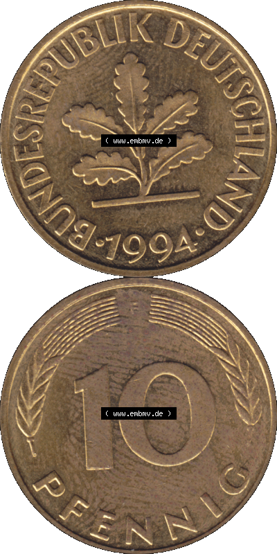 BRD Münzen 10 Pf. Umlaufmünze in PNG 1950-2001, 10 Pfennig 1994 F-01. Vorderseite und Rückseite auf einen Bild / Foto vertikal... Sammlung