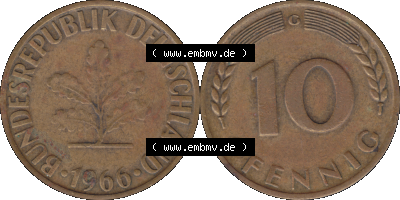BRD Münzen 10 Pf. Umlaufmünze in PNG 1950-2001, 10 Pfennig 1966 G-01. Vorderseite und Rückseite mit Wert-Zahl auf einen Bild... Sammlung
