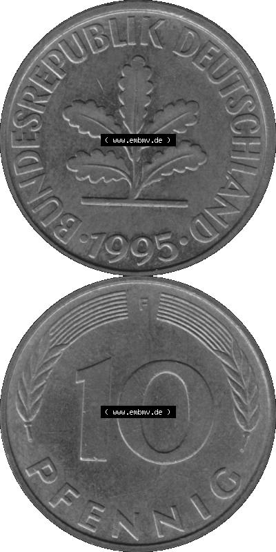 BRD Münzen 10 Pf. Umlaufmünze in PNG 1950-2001, 10 Pfennig 1995 F-01 Graustufen. Graues-Bild aus farbigen Bild erstellt mit... Sammlung
