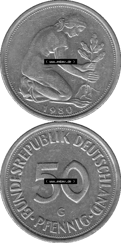 BRD Münzen Deutschland G 50 Pf. Umlaufmünze in Graustufen PNG 1950-2001, 50 Pfennig 1980 Münzzeichen "G" für Karlsruhe - "G" Sammlung
