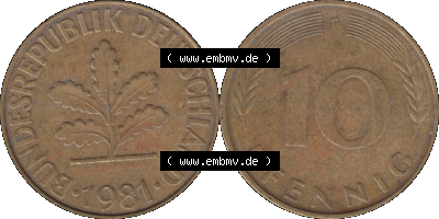 BRD Münzen 10 Pf. Umlaufmünze in PNG 1950-2001, 10 Pfennig 1981 F-01. Vorderseite und Rückseite mit Wert-Zahl auf einen Bild... Sammlung