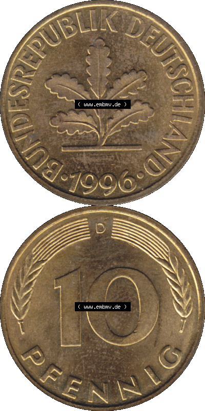 BRD Münzen 10 Pf. Umlaufmünze in PNG 1950-2001, 10 Pfennig 1996 D-01. Vorderseite und Rückseite auf einen Bild / Foto vertikal... Sammlung