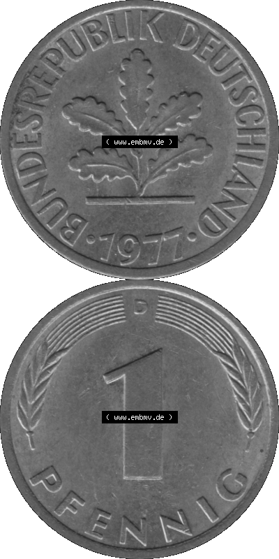 1 Pfennig Umlaufmünze in Graustufen PNG 1950-2001, 1 Pfennig 1977 München D Sammlung