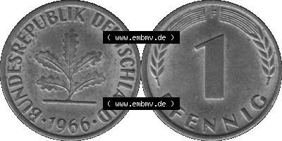 1 Pfennig Umlaufmünze in Graustufen PNG 1950-2001, 1 Pfennig 1966, 1960er Jahre Mzz. F Sammlung