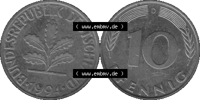 BRD Münzen 10 Pf. Umlaufmünze in PNG 1950-2001, 10 Pfennig 1994 D-03 Graustufen. Graustufen-Bilder der Vorderseite und Rückseite... Sammlung