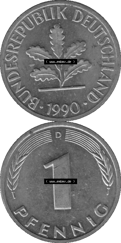 1 Pfennig Umlaufmünze in Graustufen PNG 1950-2001, 1 Pfennig 1990 München D Sammlung