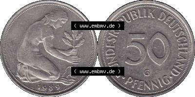 BRD Münzen 50 Pf. Umlaufmünze in PNG 1950-2001, 50 Pfennig 1989 G-01. Vorderseite und Rückseite mit Wert-Zahl auf einen Bild... Sammlung
