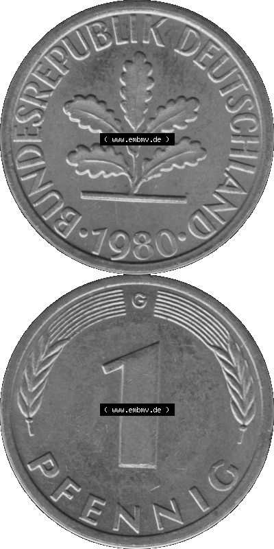 1 Pfennig BRD-Deutschland Umlaufmünze in Graustufen PNG 1950-2001, 1 Pfennig 1980, 1980er Jahre Münzstätte Karlsruhe G-01 Sammlung