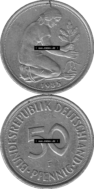 BRD Münzen Deutschland F 50 Pf. Umlaufmünze in Graustufen PNG 1950-2001, 50 Pfennig 1985 Münzzeichen "F" für Stuttgart - "F" Sammlung