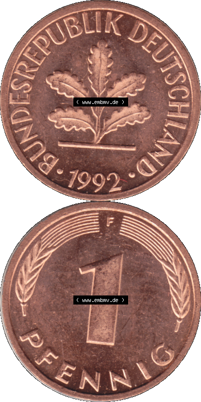 1 Pfennig Umlaufmünze in PNG 1950-2001, 1 Pfennig 1992, 1990er Jahre Stuttgart F Sammlung