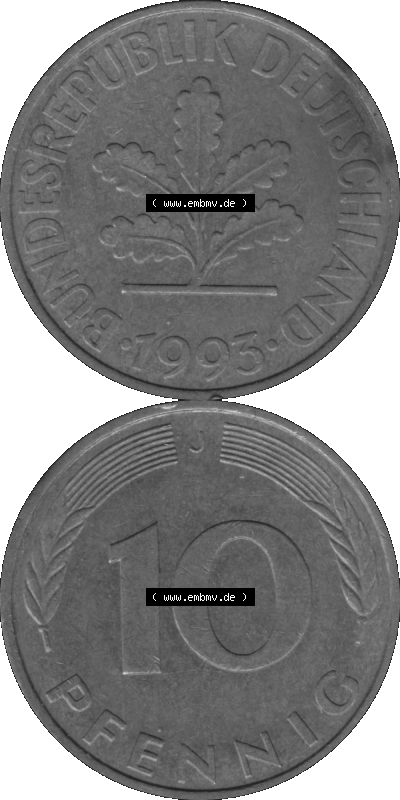 BRD Münzen 10 Pf. Umlaufmünze in PNG 1950-2001, 10 Pfennig 1993 J-01 Graustufen. PNG-Bild in transparenten Graustufen aus zwei... Sammlung