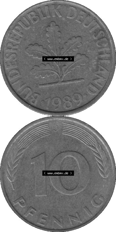 BRD Münzen 10 Pf. Umlaufmünze in PNG 1950-2001, 10 Pfennig 1989 J-01 Graustufen. PNG-Bild in transparenten Graustufen aus zwei... Sammlung
