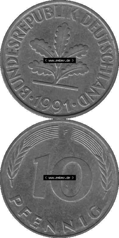 BRD Münzen 10 Pf. Umlaufmünze in PNG 1950-2001, 10 Pfennig 1991 F-01 Graustufen. Graues-Bild aus farbigen Bild erstellt mit... Sammlung