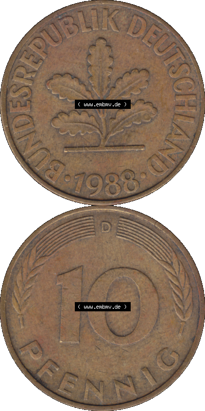 BRD Münzen 10 Pf. Umlaufmünze in PNG 1950-2001, 10 Pfennig 1988 D-10. Vorderseite und Rückseite auf einen Bild / Foto vertikal... Sammlung
