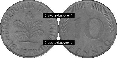 BRD Münzen 10 Pf. Umlaufmünze in PNG 1950-2001, 10 Pfennig 1970 D-01 Graustufen. Graustufen-Bilder der Vorderseite und Rückseite... Sammlung