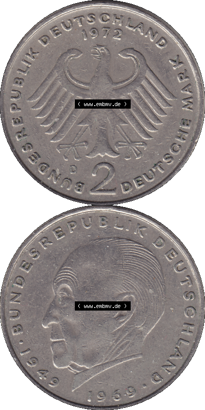 PNG 1969-1987, 2 DM, Deutsche Mark Konrad Adenauer 1972 Münzzeichen München D Sammlung