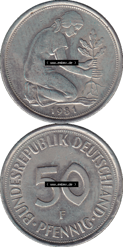 PNG 1950-2001, 50 Pfennig BRD Deutschland 1981 Stuttgart Mzz. "F" Sammlung