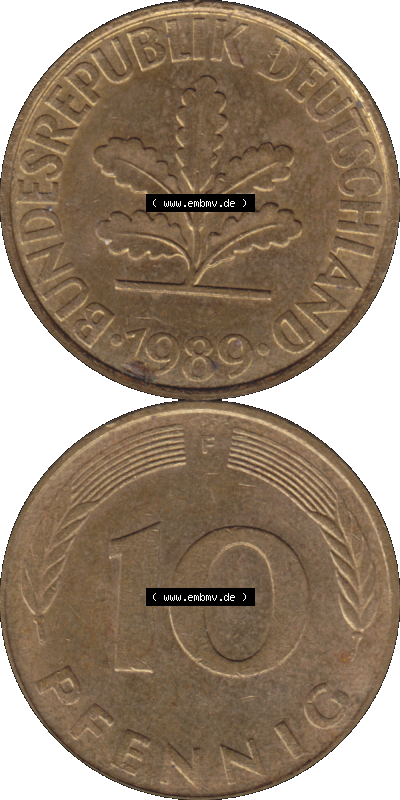 BRD Münzen 10 Pf. Umlaufmünze in PNG 1950-2001, 10 Pfennig 1989 F-01. Vorderseite und Rückseite auf einen Bild / Foto vertikal... Sammlung