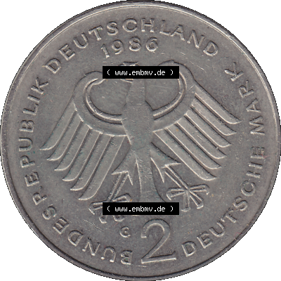 BRD Münzen 2 DM, Gedenkmünze 1969-1987, 2 DM, Deutsche Mark Konrad Adenauer 1986 G-1. Vorderseite mit Deutschen Adler von 2... Sammlung