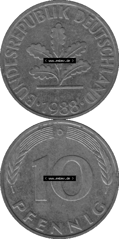 BRD Münzen 10 Pf. Umlaufmünze in PNG 1950-2001, 10 Pfennig 1988 D-01 Graustufen. Graustufen-Bild erstellt aus Farbigen Bild... Sammlung