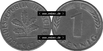 1 Pfennig BRD-Deutschland Umlaufmünze in Graustufen PNG 1950-2001, 1 Pfennig 1967, 1960er Jahre Münzstätte Karlsruhe G-01 Sammlung