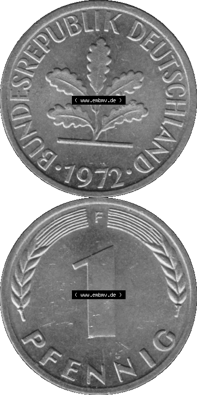 1 Pfennig Umlaufmünze in Graustufen PNG 1950-2001, 1 Pfennig 1972, 1970er Jahre Mzz. F Sammlung
