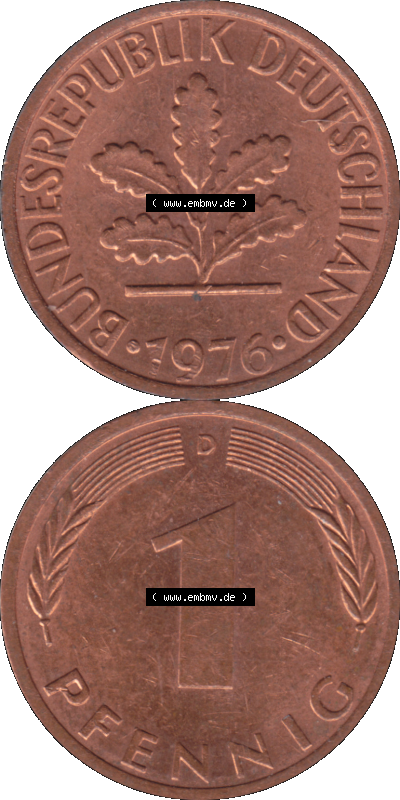 PNG 1950-2001, 1 Pfennig der BRD Deutschland 1976, 1970er Jahre Mzz. München D, 1 - Ein Pfennig Münze "D", mit Mzz. "D" für... Sammlung