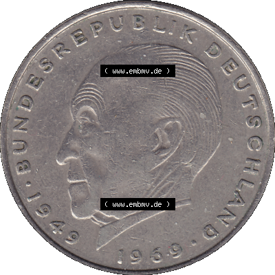 PNG 1969-1987, 2 DM, Deutsche Mark Konrad Adenauer 1972 Münzzeichen München D Sammlung