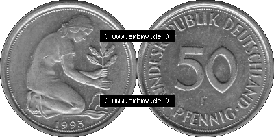BRD Münzen Deutschland F 50 Pf. Umlaufmünze in Graustufen PNG 1950-2001, 50 Pfennig 1993 Münzzeichen "F" für Stuttgart - "F" Sammlung