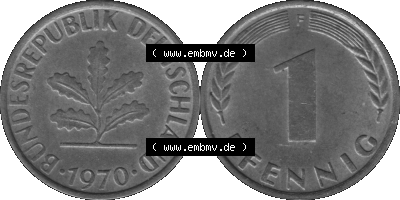 1 Pfennig Umlaufmünze in Graustufen PNG 1950-2001, 1 Pfennig 1970, 1970er Jahre Mzz. F Sammlung