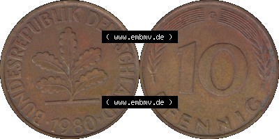 BRD Münzen 10 Pf. Umlaufmünze in PNG 1950-2001, 10 Pfennig 1980 G-01. Vorderseite und Rückseite mit Wert-Zahl auf einen Bild... Sammlung