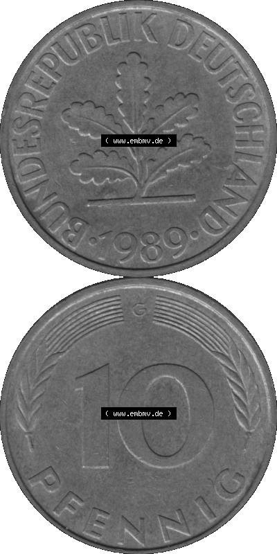 BRD Münzen 10 Pf. Umlaufmünze in PNG 1950-2001, 10 Pfennig 1989 G-01 Graustufen. Graustufen PNG-Bild, erstellt aus farbigen... Sammlung