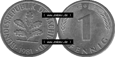 1 Pfennig BRD-Deutschland Umlaufmünze in Graustufen PNG 1950-2001, 1 Pfennig 1981, 1980er Jahre Münzstätte Karlsruhe G-01 Sammlung