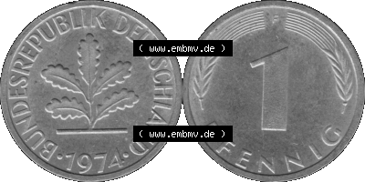 1 Pfennig Umlaufmünze in Graustufen PNG 1950-2001, 1 Pfennig 1974, 1970er Jahre Mzz. F Sammlung