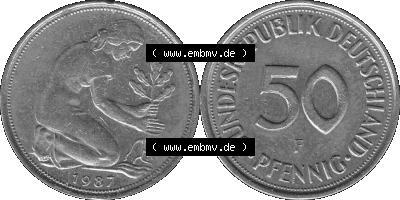 BRD Münzen Deutschland F 50 Pf. Umlaufmünze in Graustufen PNG 1950-2001, 50 Pfennig 1987 Münzzeichen "F" für Stuttgart - "F" Sammlung