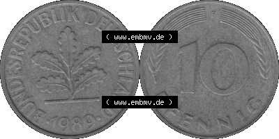 BRD Münzen 10 Pf. Umlaufmünze in PNG 1950-2001, 10 Pfennig 1989 F-03 Graustufen. Graustufen-Bild aus Farbigen Bilder mit Vorderseite... Sammlung