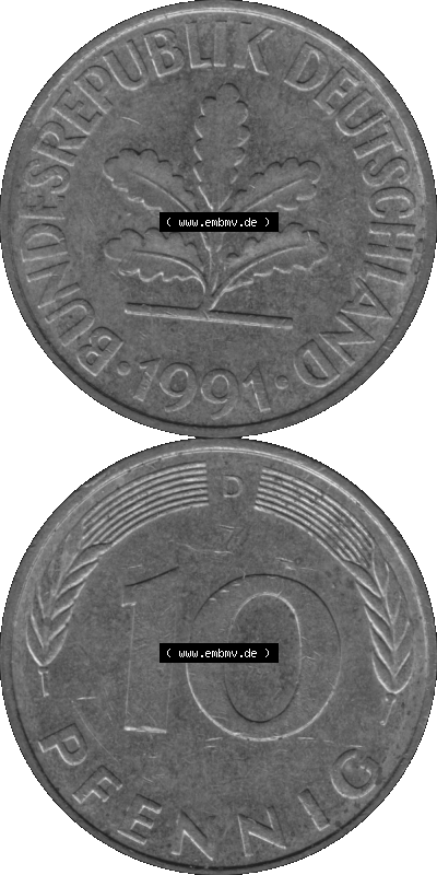 BRD Münzen 10 Pf. Umlaufmünze in PNG 1950-2001, 10 Pfennig 1991 D-10 Graustufen. Graustufen-Bild erstellt aus Farbigen Bild... Sammlung