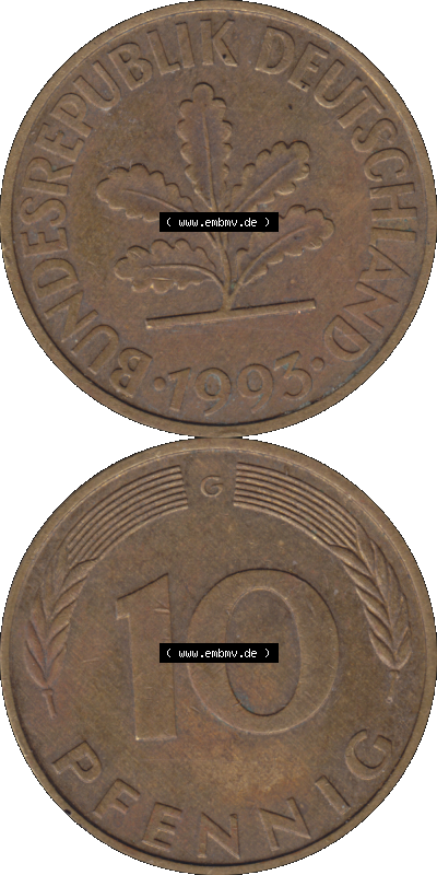 BRD Münzen 10 Pf. Umlaufmünze in PNG 1950-2001, 10 Pfennig 1993 G-01. Vorderseite und Rückseite auf einen Bild / Foto vertikal... Sammlung