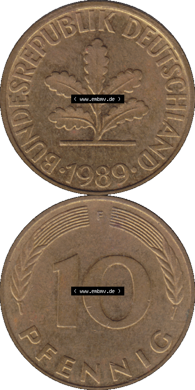 BRD Münzen 10 Pf. Umlaufmünze in PNG 1950-2001, 10 Pfennig 1989 F-02. Vorderseite und Rückseite auf einen Bild / Foto vertikal... Sammlung