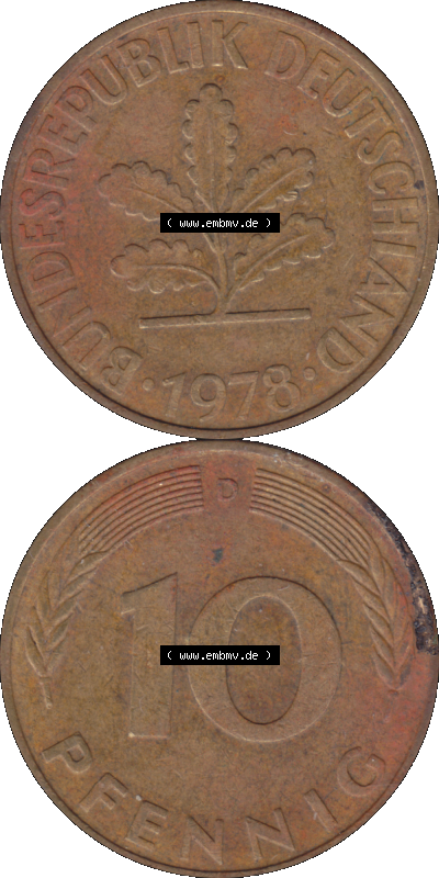 BRD Münzen 10 Pf. Umlaufmünze in PNG 1950-2001, 10 Pfennig 1978 D-01. Vorderseite und Rückseite auf einen Bild / Foto vertikal... Sammlung