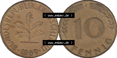 BRD Münzen 10 Pf. Umlaufmünze in PNG 1950-2001, 10 Pfennig 1969 F-08. Vorderseite und Rückseite mit Wert-Zahl auf einen Bild... Sammlung