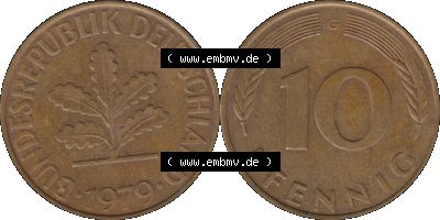 BRD Münzen 10 Pf. Umlaufmünze in PNG 1950-2001, 10 Pfennig 1979 G-01. Vorderseite und Rückseite mit Wert-Zahl auf einen Bild... Sammlung
