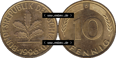 BRD Münzen 10 Pf. Umlaufmünze in PNG 1950-2001, 10 Pfennig 1996 D-01. Vorderseite und Rückseite mit Wert-Zahl auf einen Bild... Sammlung