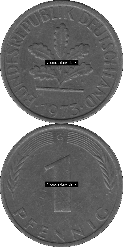 1 Pfennig BRD-Deutschland Umlaufmünze in Graustufen PNG 1950-2001, 1 Pfennig 1973, 1970er Jahre Münzstätte Karlsruhe G-01 Sammlung
