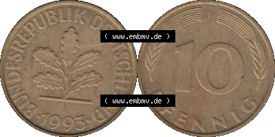BRD Münzen 10 Pf. Umlaufmünze in PNG 1950-2001, 10 Pfennig 1993 F-01. Vorderseite und Rückseite mit Wert-Zahl auf einen Bild... Sammlung