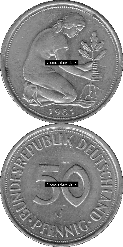 BRD Münzen Deutschland J 50 Pf. Umlaufmünze in Graustufen PNG 1950-2001, 50 Pfennig 1981 Münzzeichen "J" für Hamburg "J" Sammlung