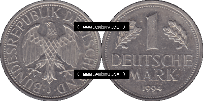 BRD Deutschland 1 / Eine DM - 1 Eine Deutsche Mark, 1994 Münzzeichen Hamburg Mzz J Sammlung