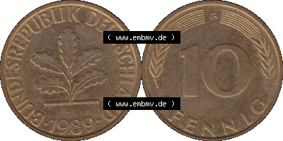 BRD Münzen 10 Pf. Umlaufmünze in PNG 1950-2001, 10 Pfennig 1989 G-10. Vorderseite und Rückseite mit Wert-Zahl auf einen Bild... Sammlung