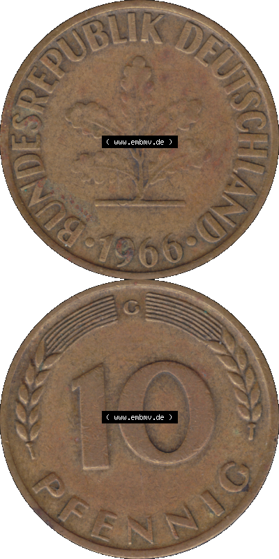 BRD Münzen 10 Pf. Umlaufmünze in PNG 1950-2001, 10 Pfennig 1966 G-01. Vorderseite und Rückseite auf einen Bild / Foto vertikal... Sammlung